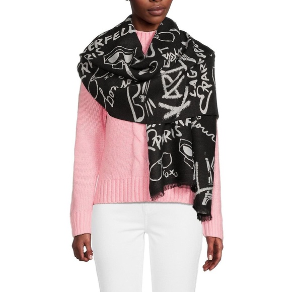 Karl Lagerfeld Paris Reversible Scarf Graffiti Eiffel Tower Cat Print Black Gray - Picture 1 of 6